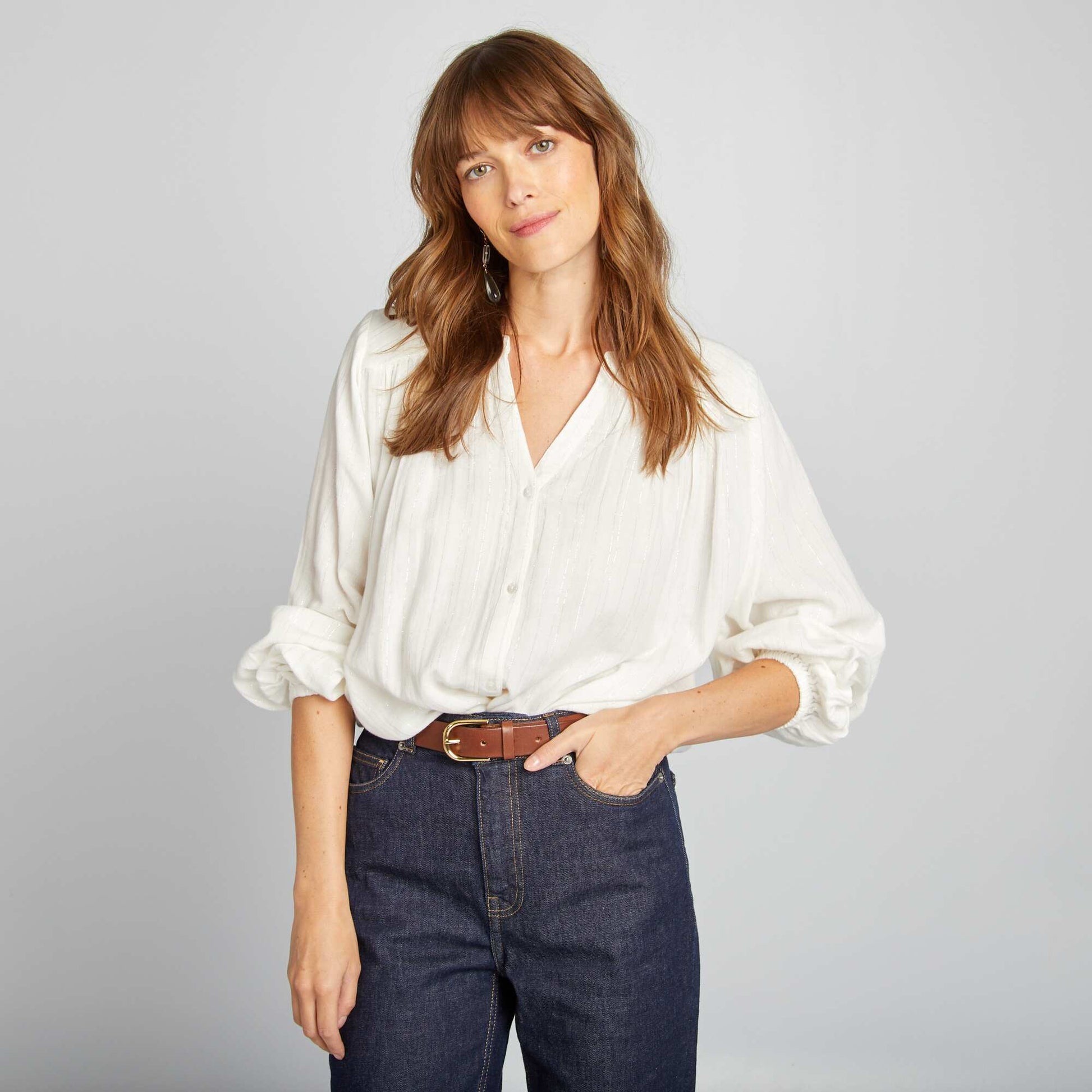 Blouse fluide avec fils m talliques brillants blanc