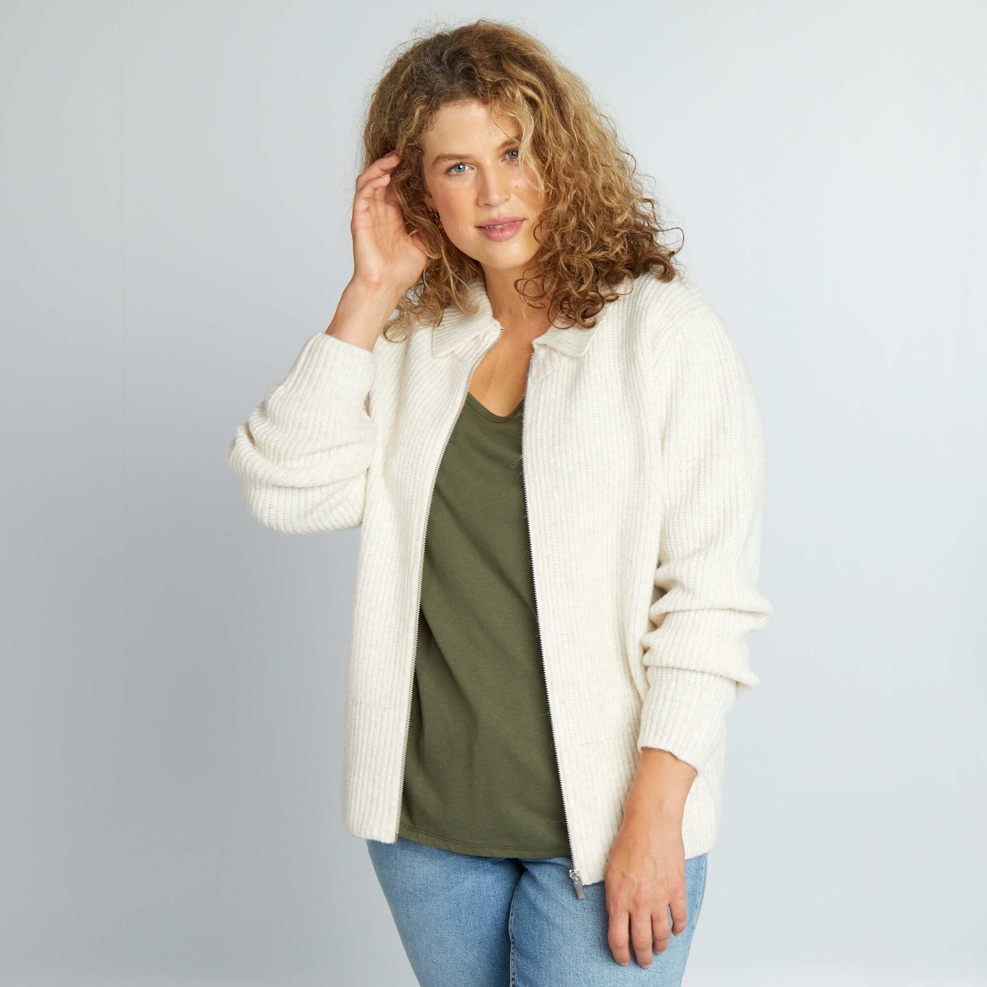 Gilet zipp col polo Beige