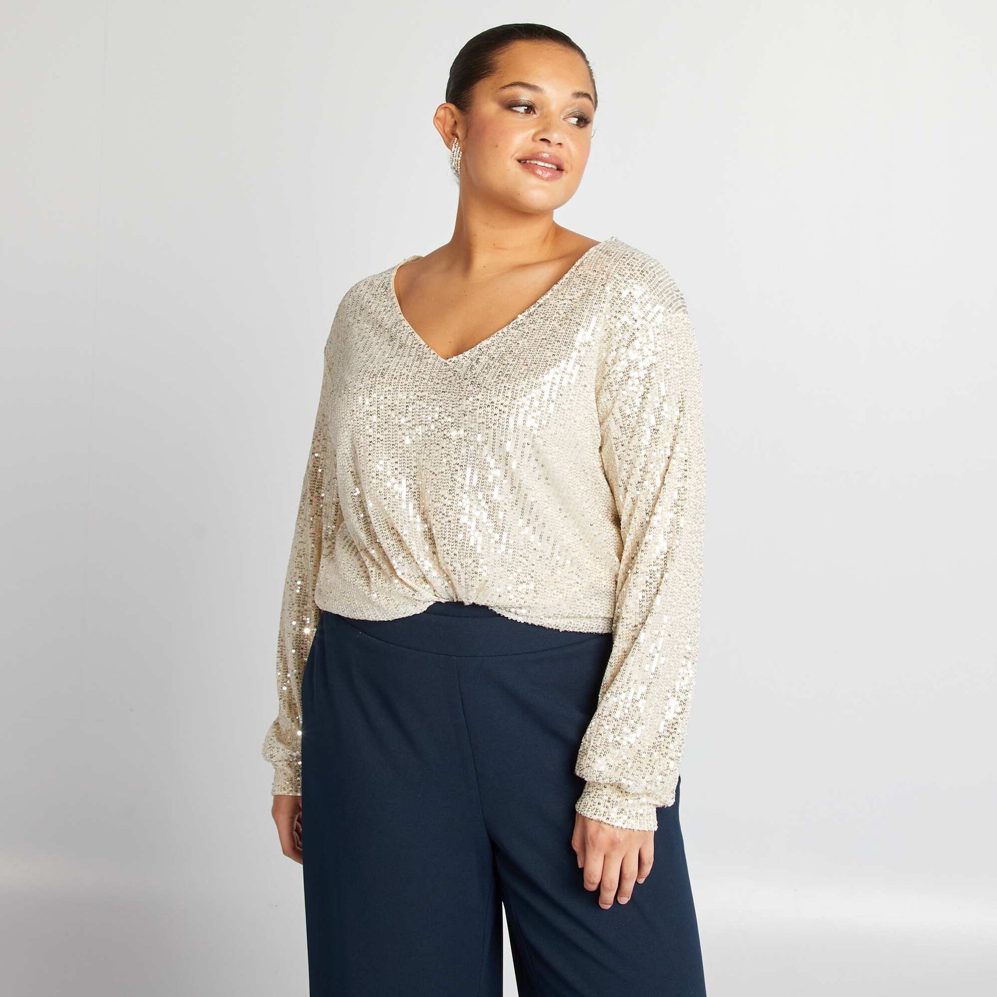 T-shirt manches longues sequins Ecru