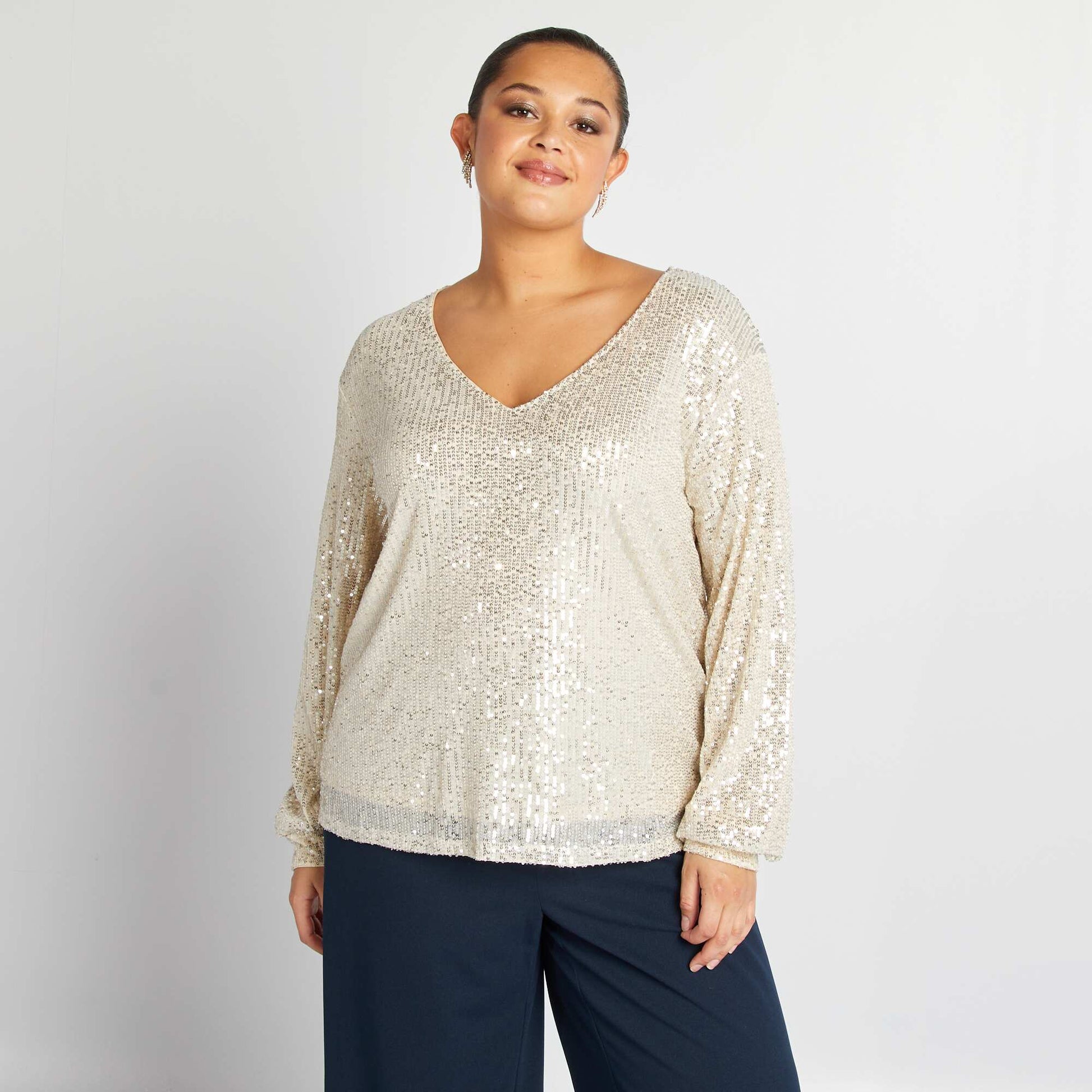 T-shirt manches longues sequins Ecru