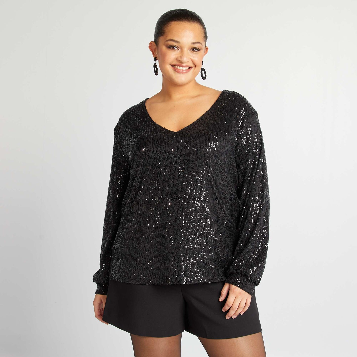 T-shirt manches longues sequins noir
