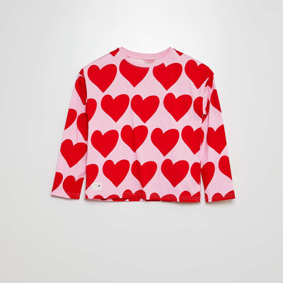 T-shirt manches longues imprimé 'cœur' Rose/rouge