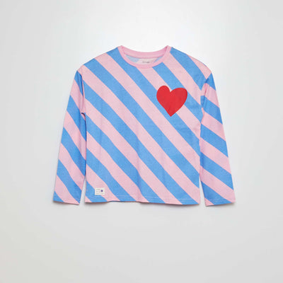 T-shirt manches longues imprimé 'cœur' Rose/bleu