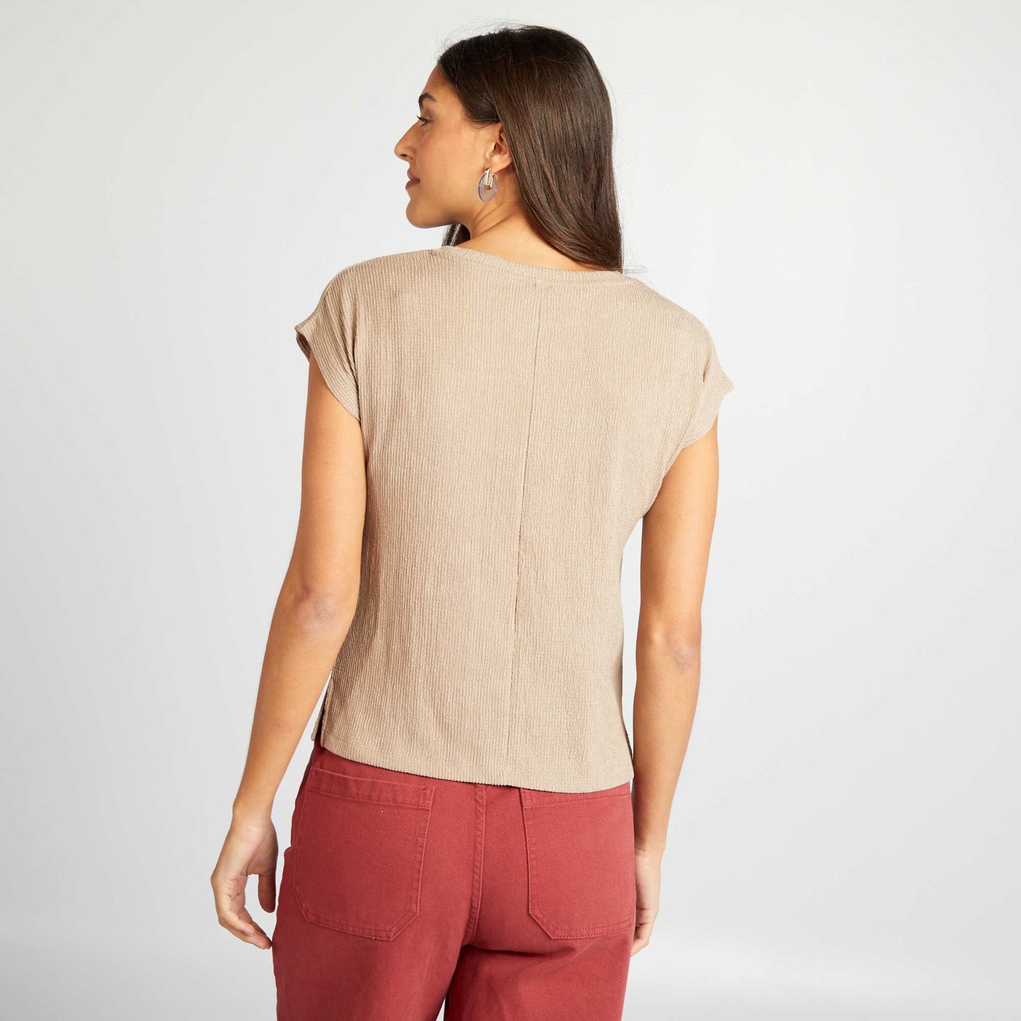 T-shirt en maille gaufr e   col rond Beige