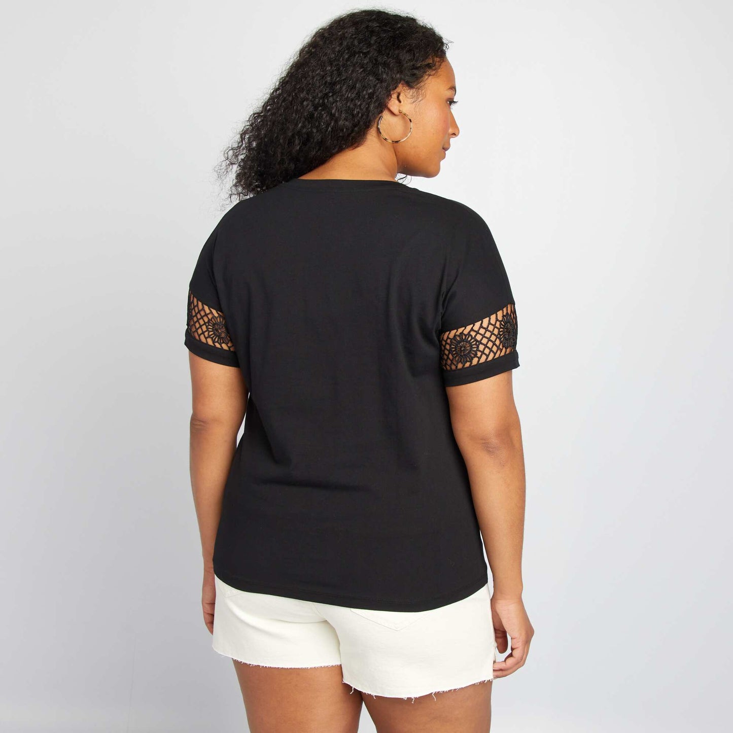 T-shirt   manches courtes en macram  noir