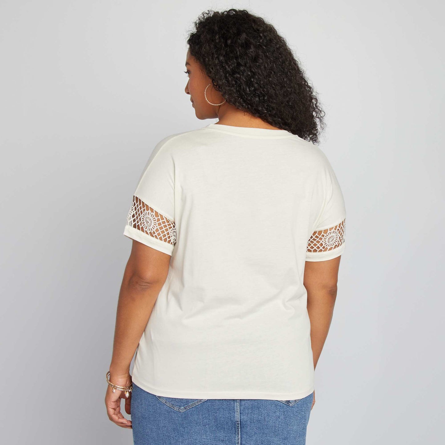 T-shirt à manches courtes en macramé Crème