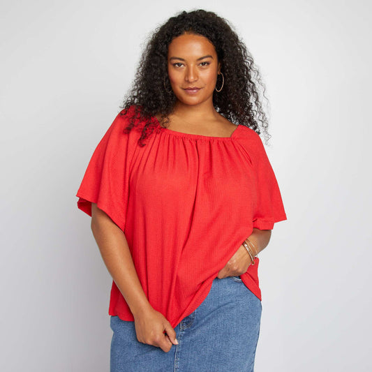 Blouse fluide avec col élastiquée rouge