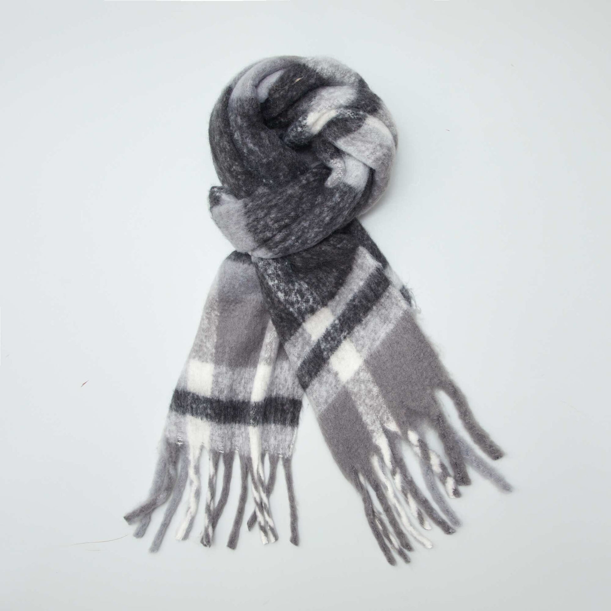 Maxi- charpe carreaux franges Gris