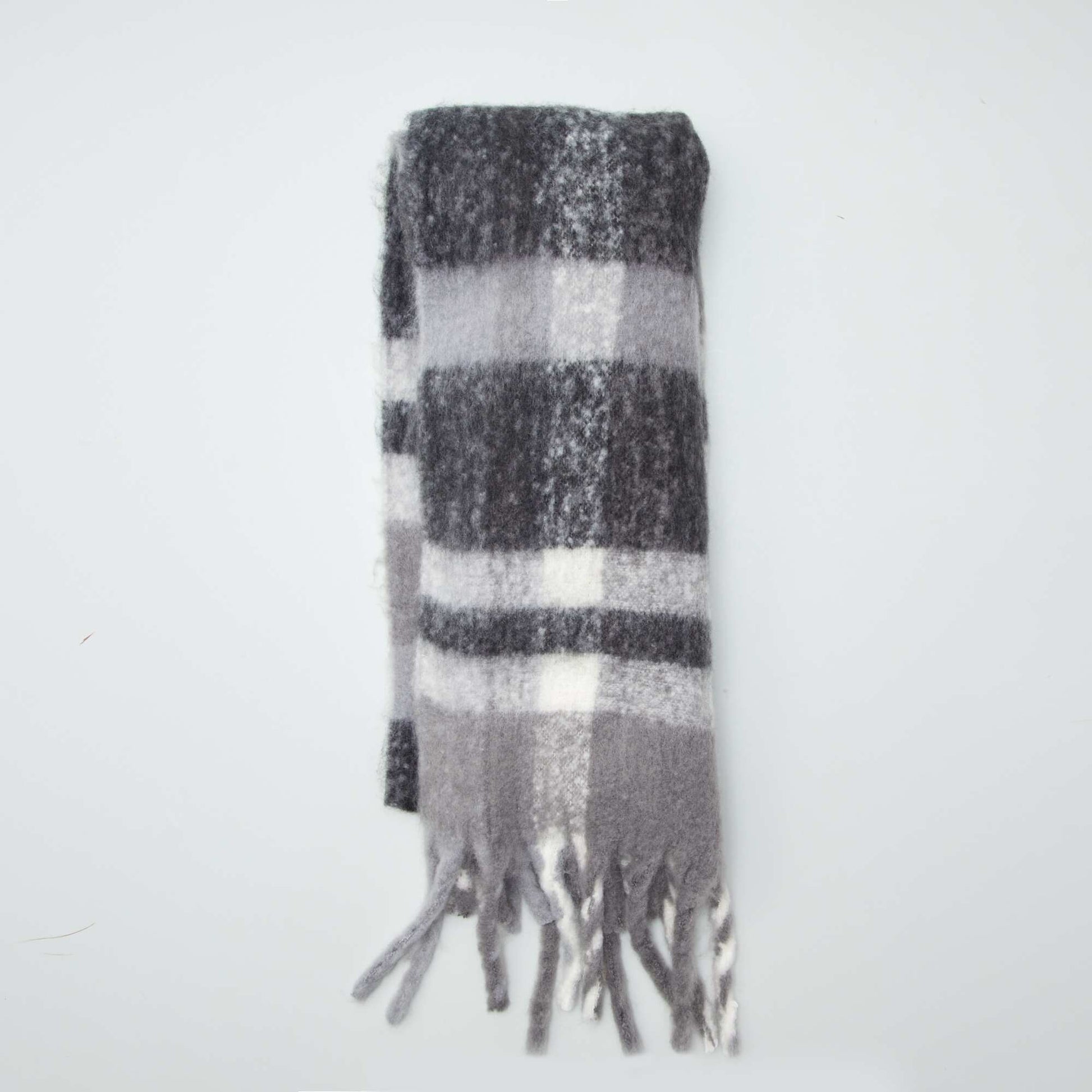 Maxi- charpe carreaux franges Gris