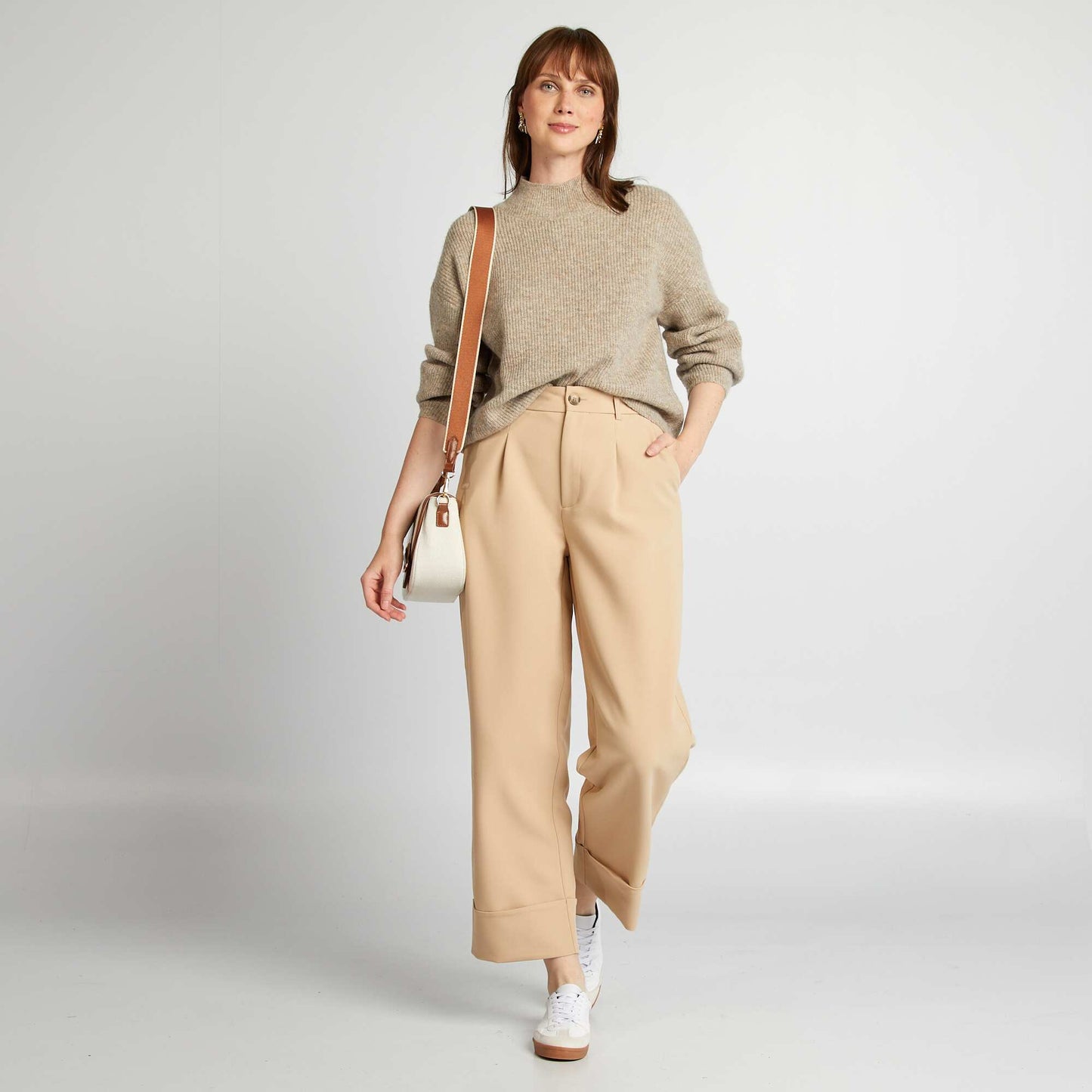 Pantalon cigarette   revers Beige