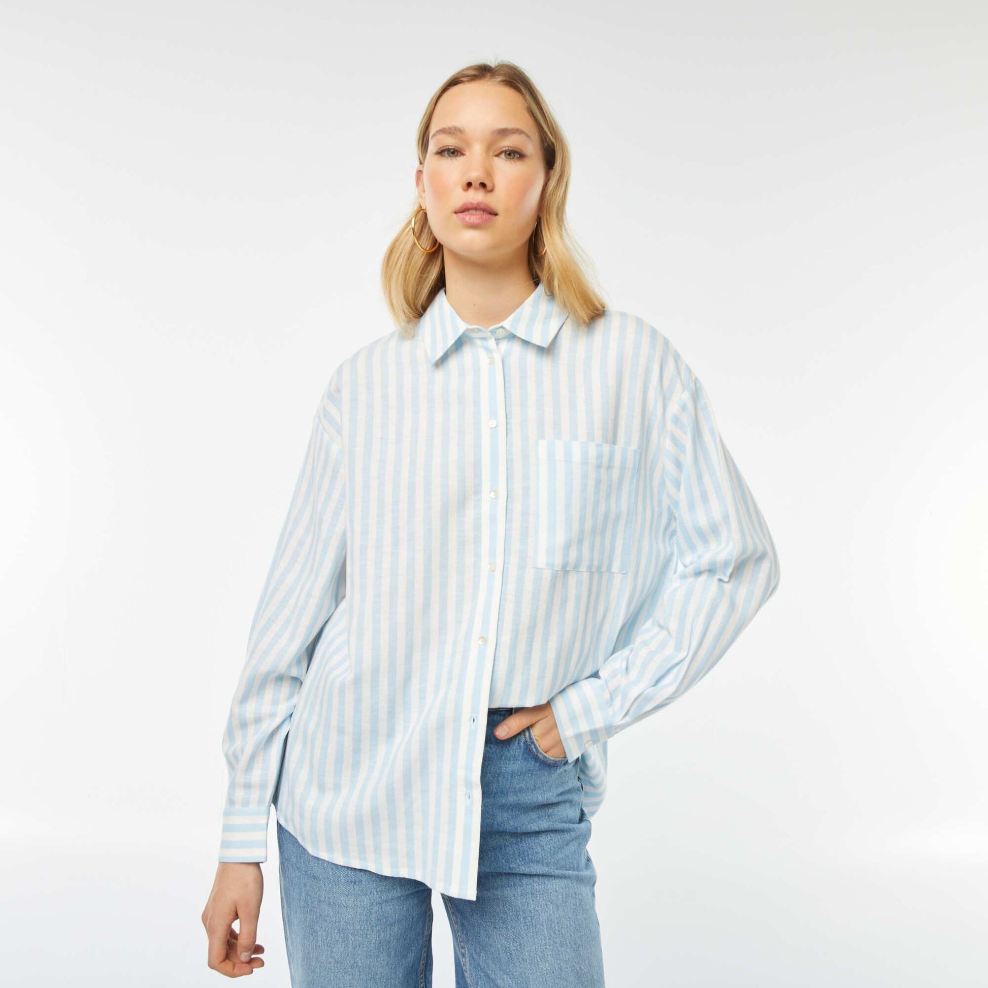 Chemisier long avec poche poitrine avec 20% de lin BLEU RAYé