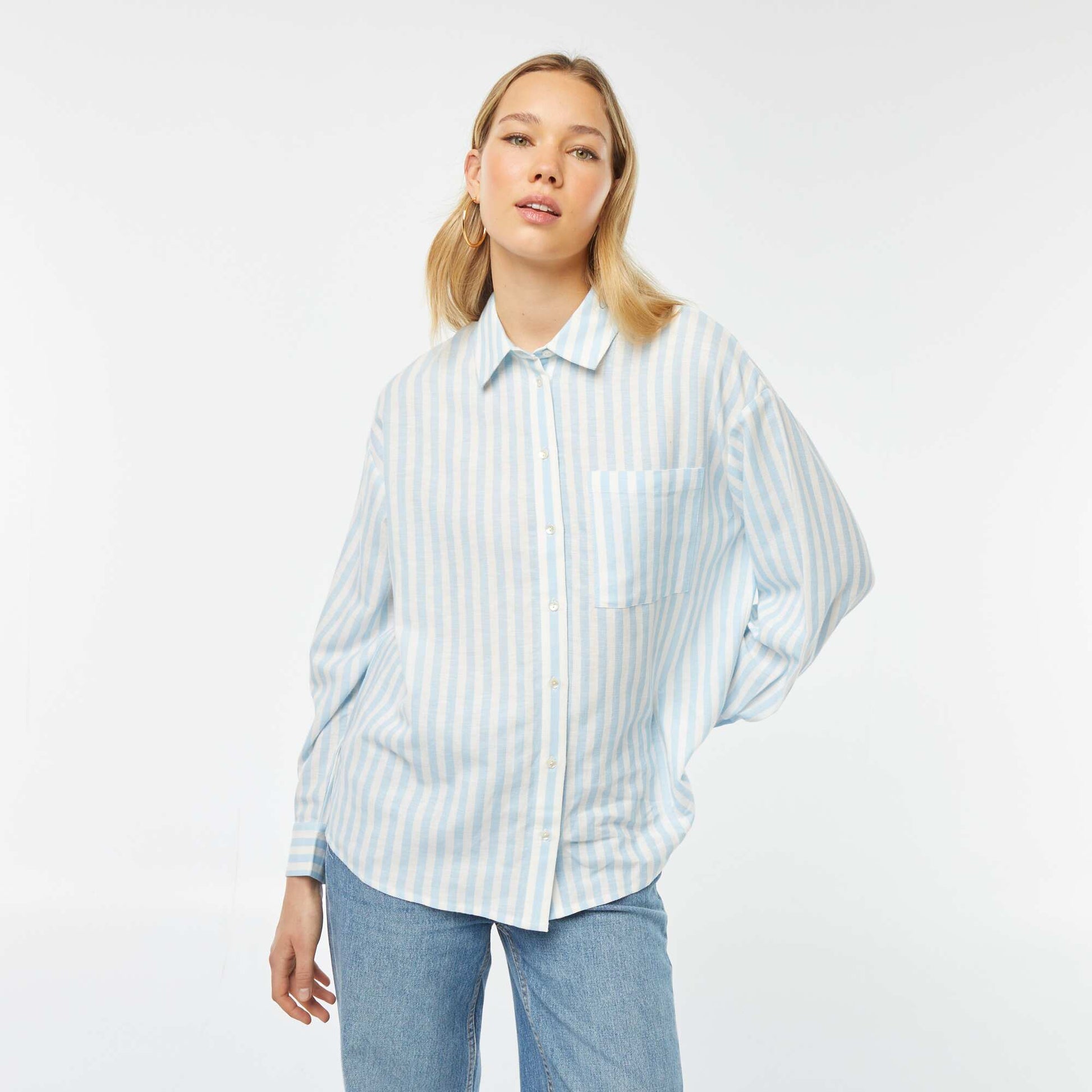 Chemisier long avec poche poitrine avec 20% de lin BLEU RAYé