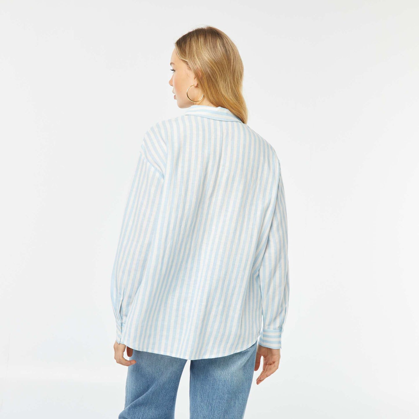Chemisier long avec poche poitrine avec 20% de lin BLEU RAYé