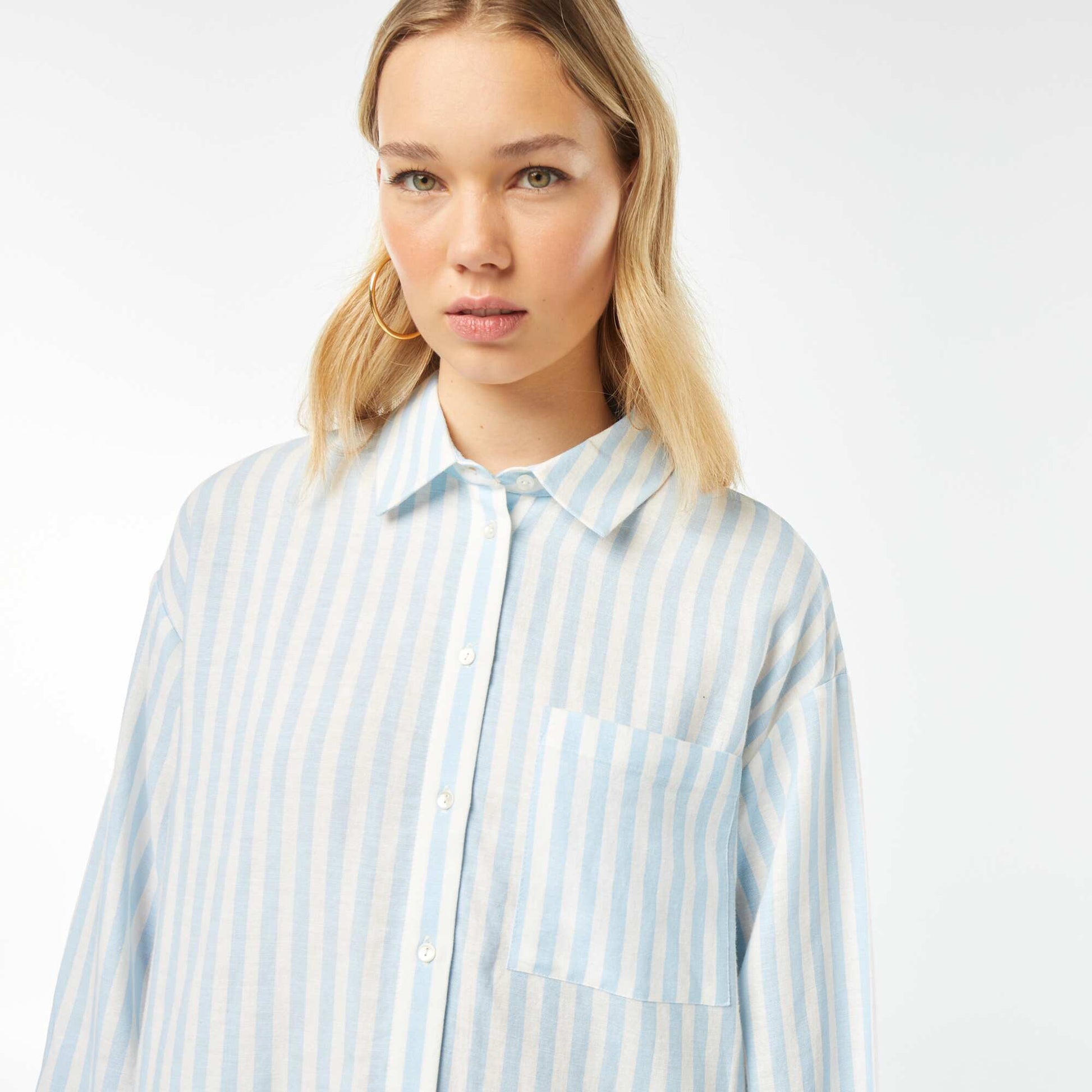 Chemisier long avec poche poitrine avec 20% de lin BLEU RAYé