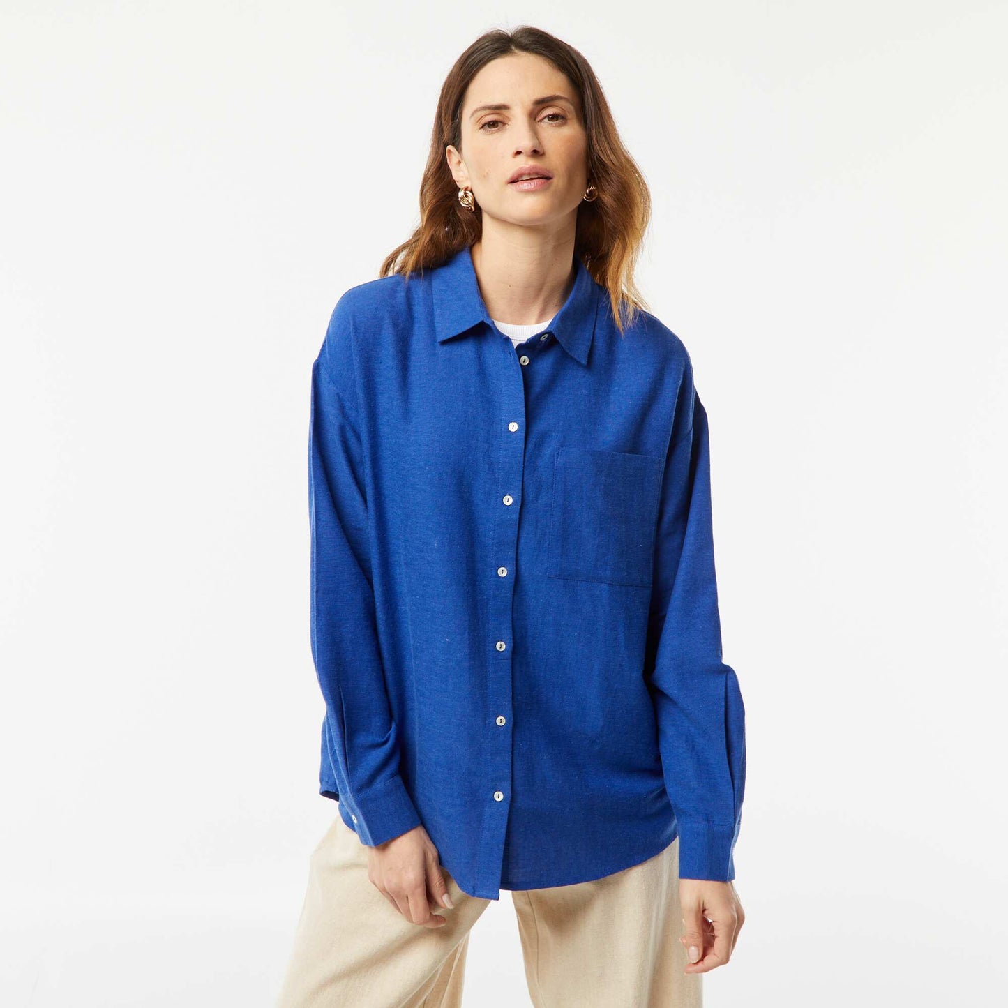 Chemisier long avec poche poitrine avec 20% de lin BLEU