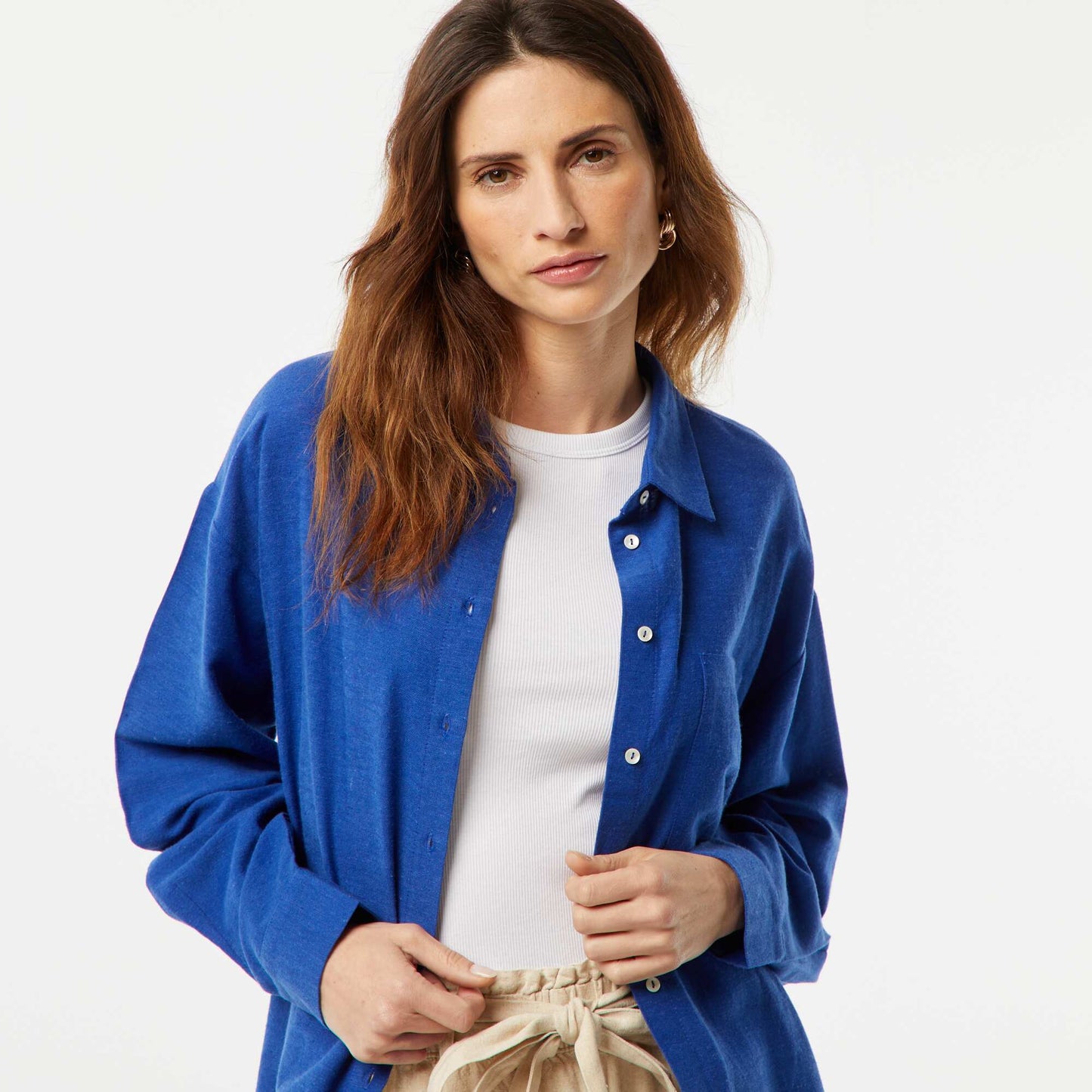 Chemisier long avec poche poitrine avec 20% de lin BLEU