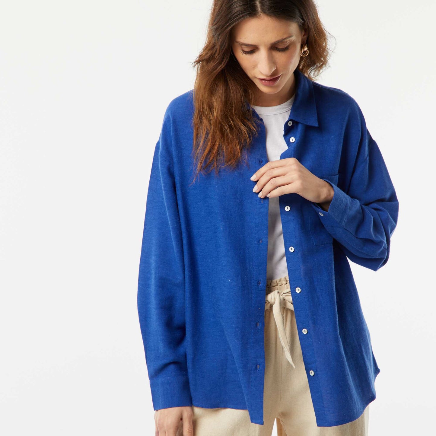 Chemisier long avec poche poitrine avec 20% de lin BLEU