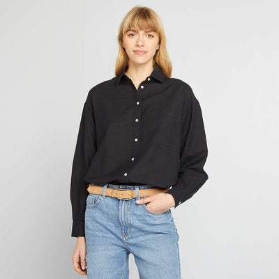 Chemisier long avec poche poitrine avec 20% de lin NOIR