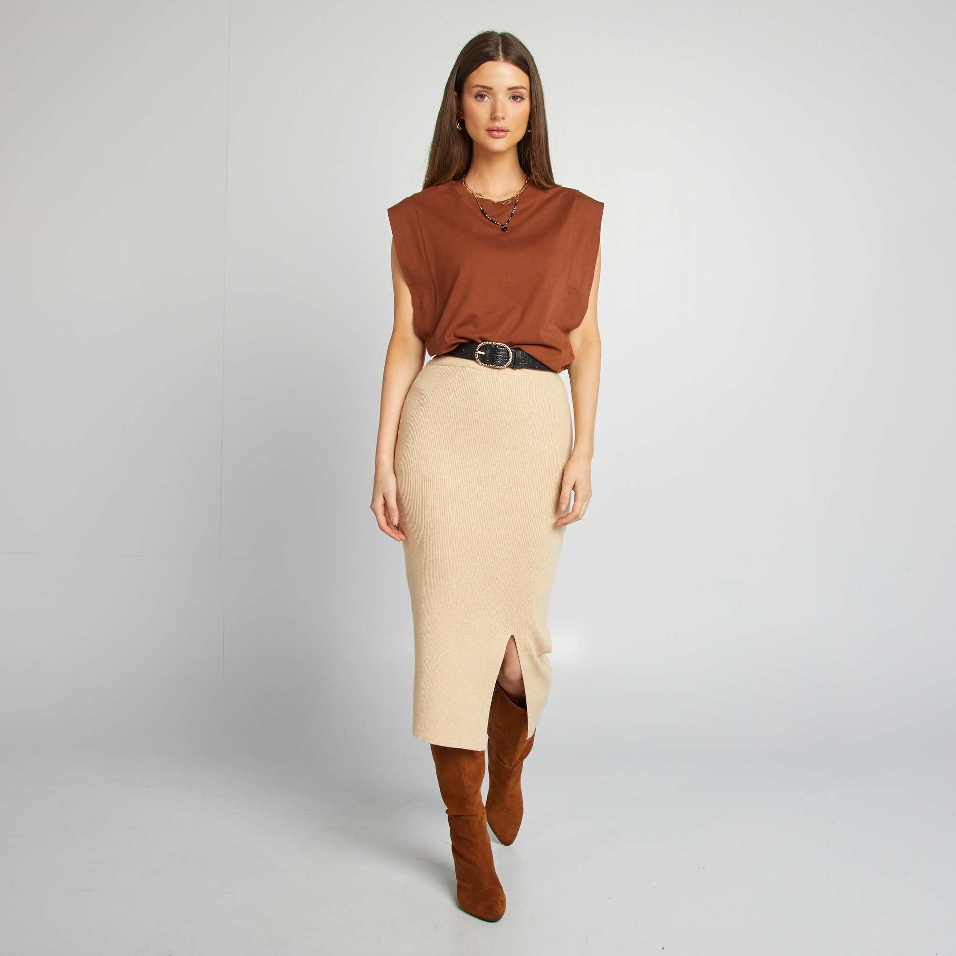 Jupe midi en maille côtelée Beige