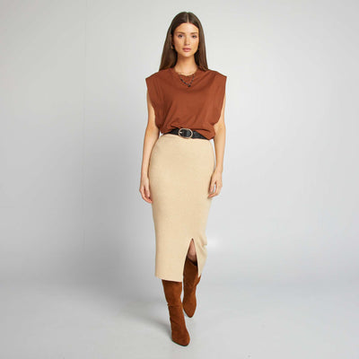 Jupe midi en maille côtelée Beige