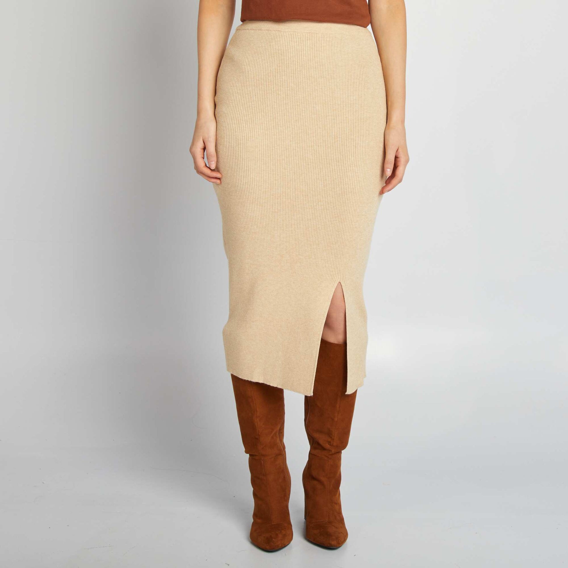 Jupe midi en maille côtelée Beige