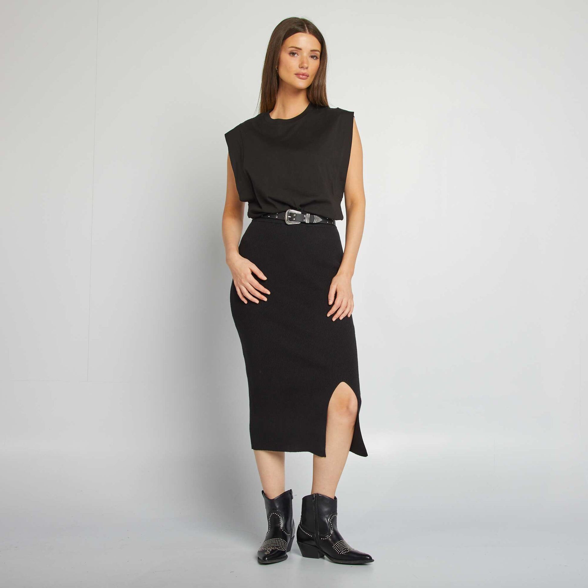 Jupe midi en maille côtelée NOIR