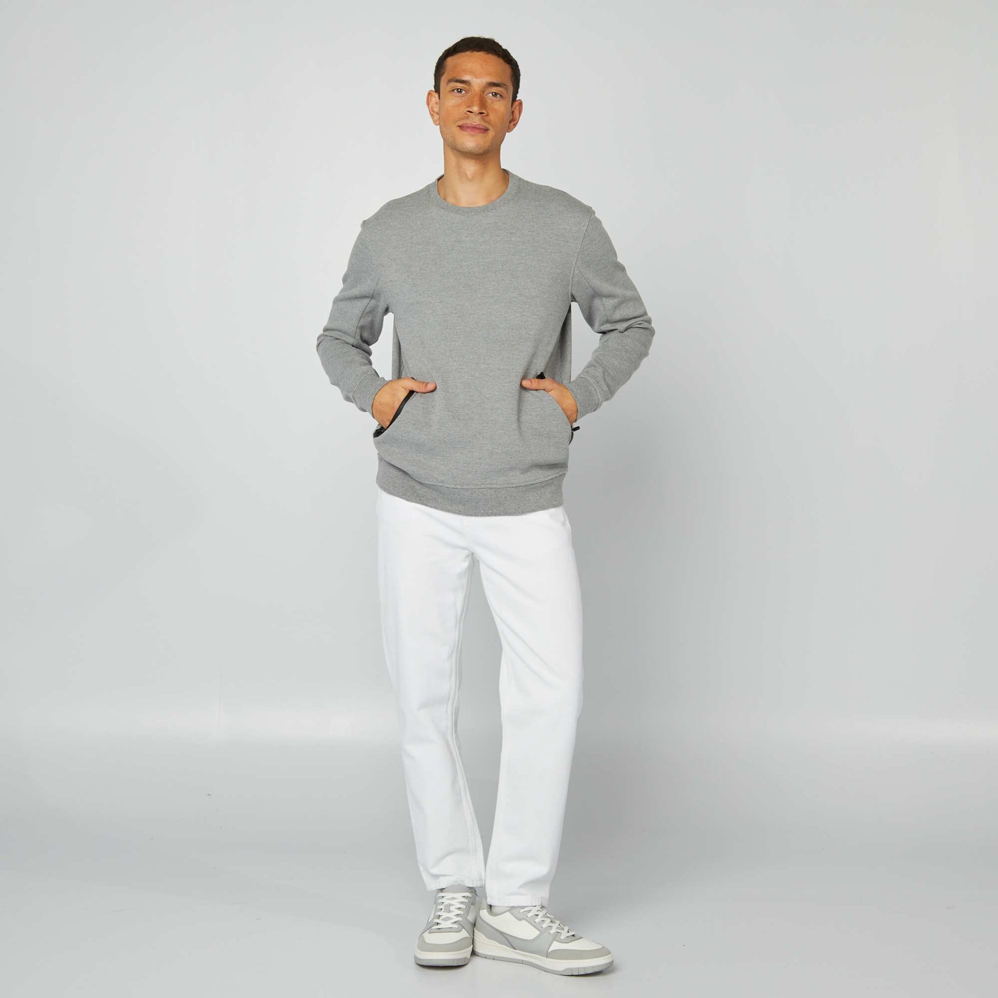 Sweat uni en maille piquée avec poches zippées GRIS