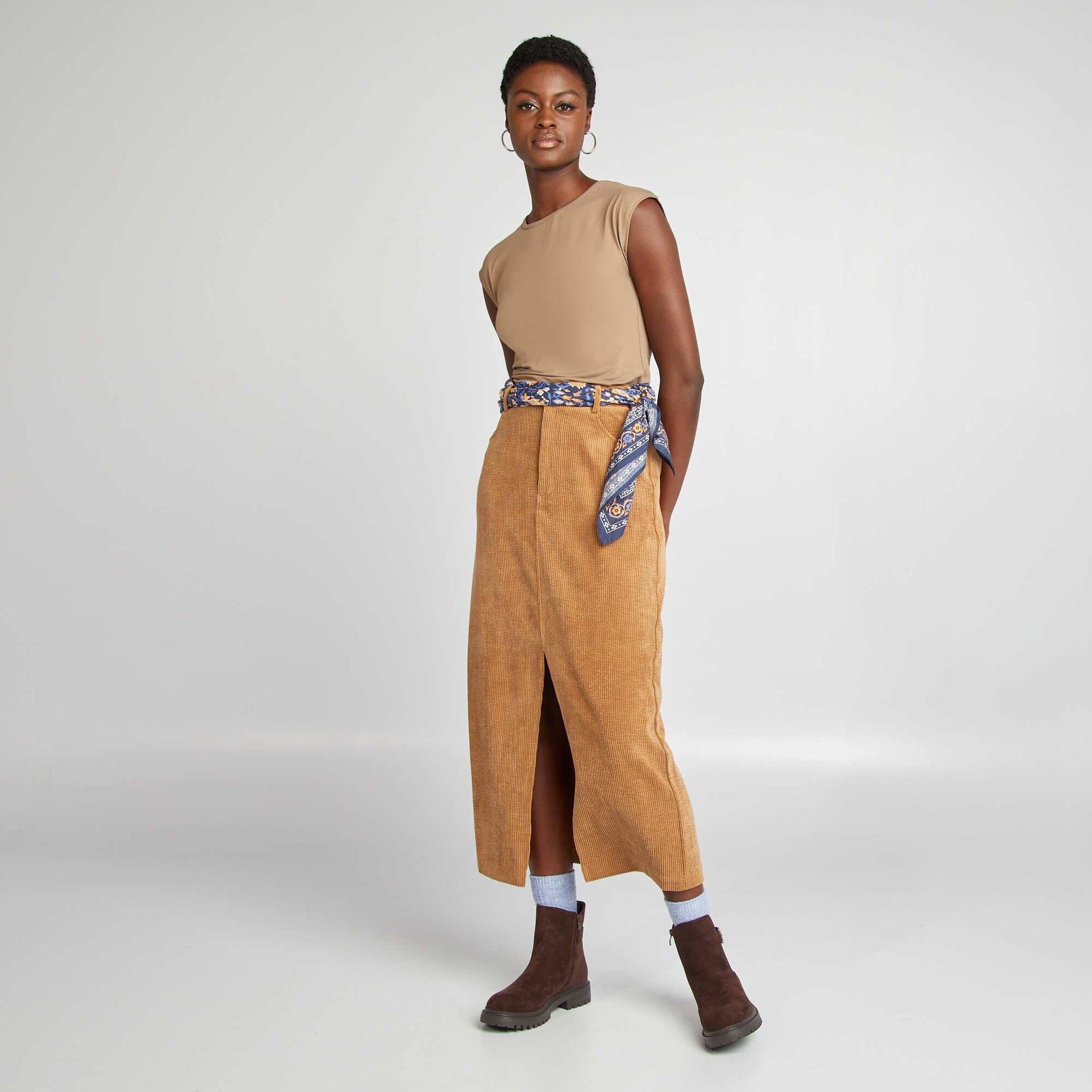 Jupe longue en velours c tel Beige