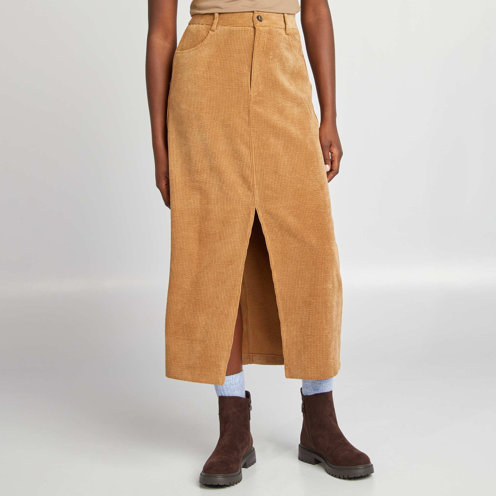 Jupe longue en velours c tel Beige