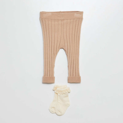 Legging côtelé + chaussettes avec broderie BEIGE