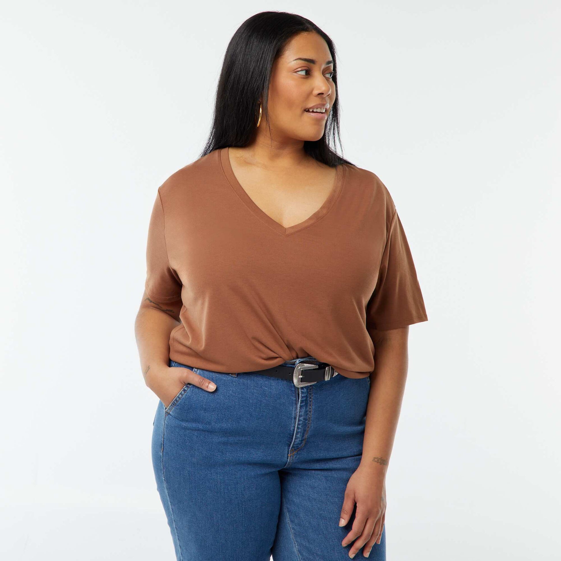 T-shirt basique uni col V MARRON