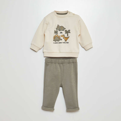 Ensemble sweat imprimé + jogging Blanc/kaki