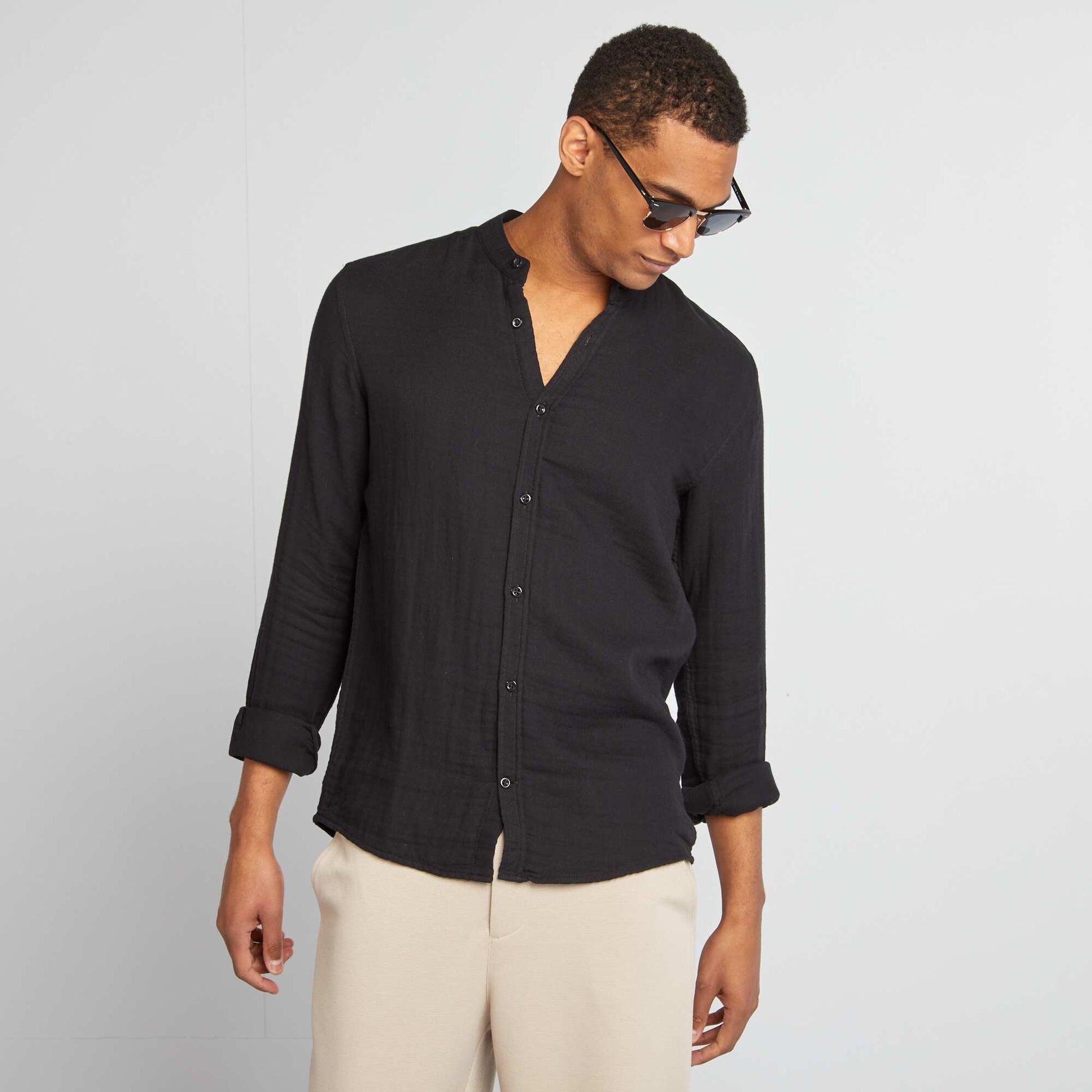 Chemise dobby coupe droite :col rond NOIR