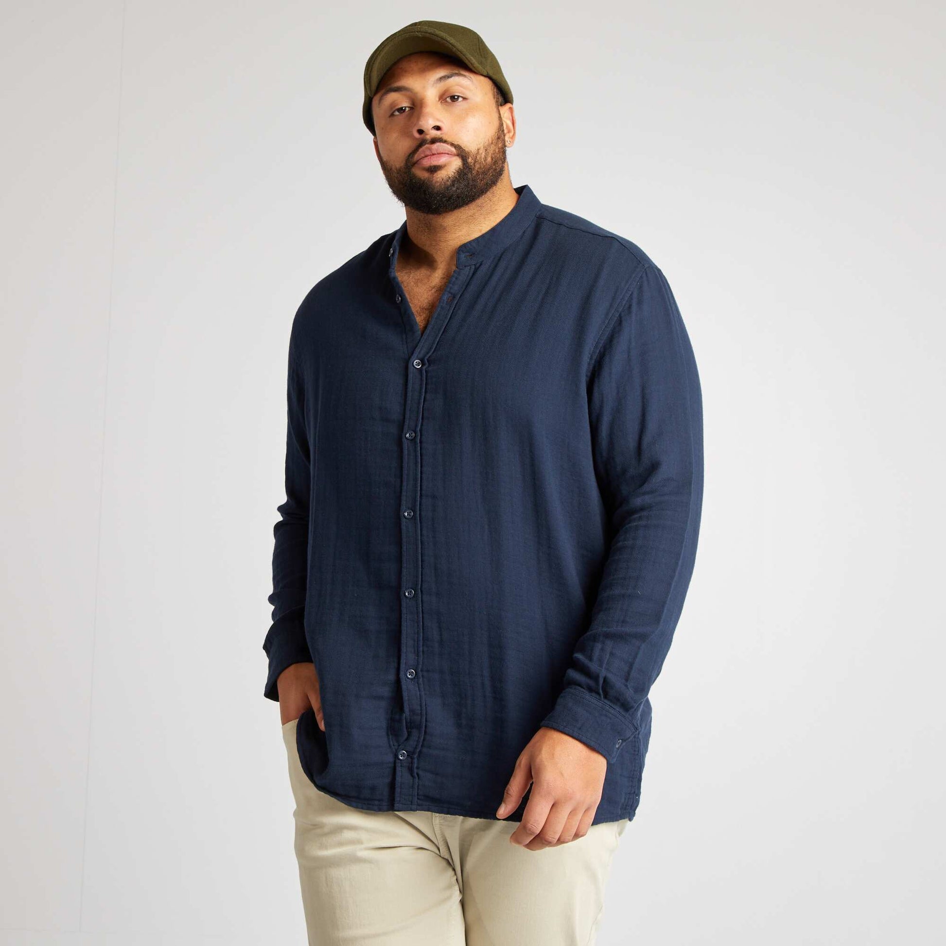 Chemise dobby avec col mao MARINE