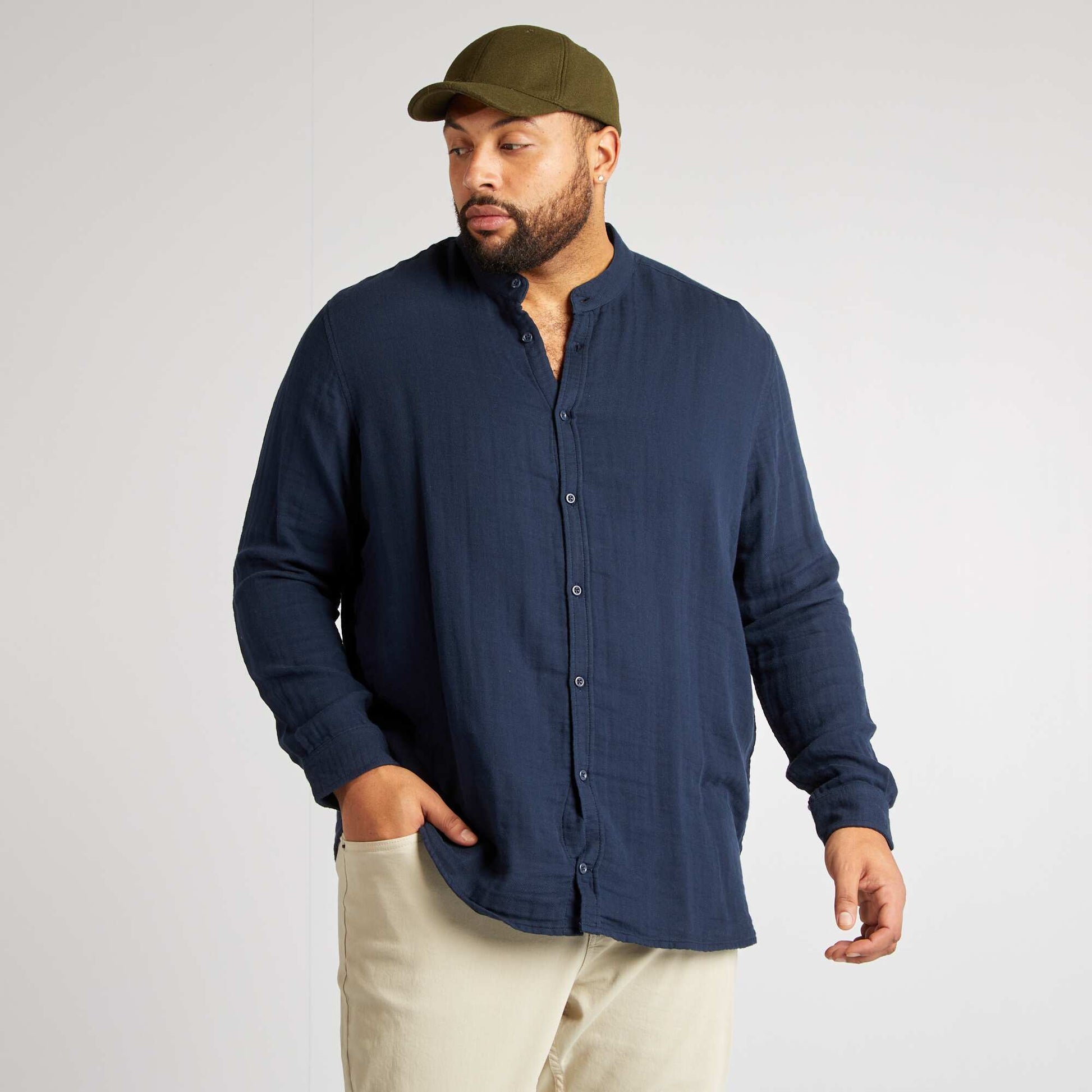 Chemise dobby avec col mao MARINE