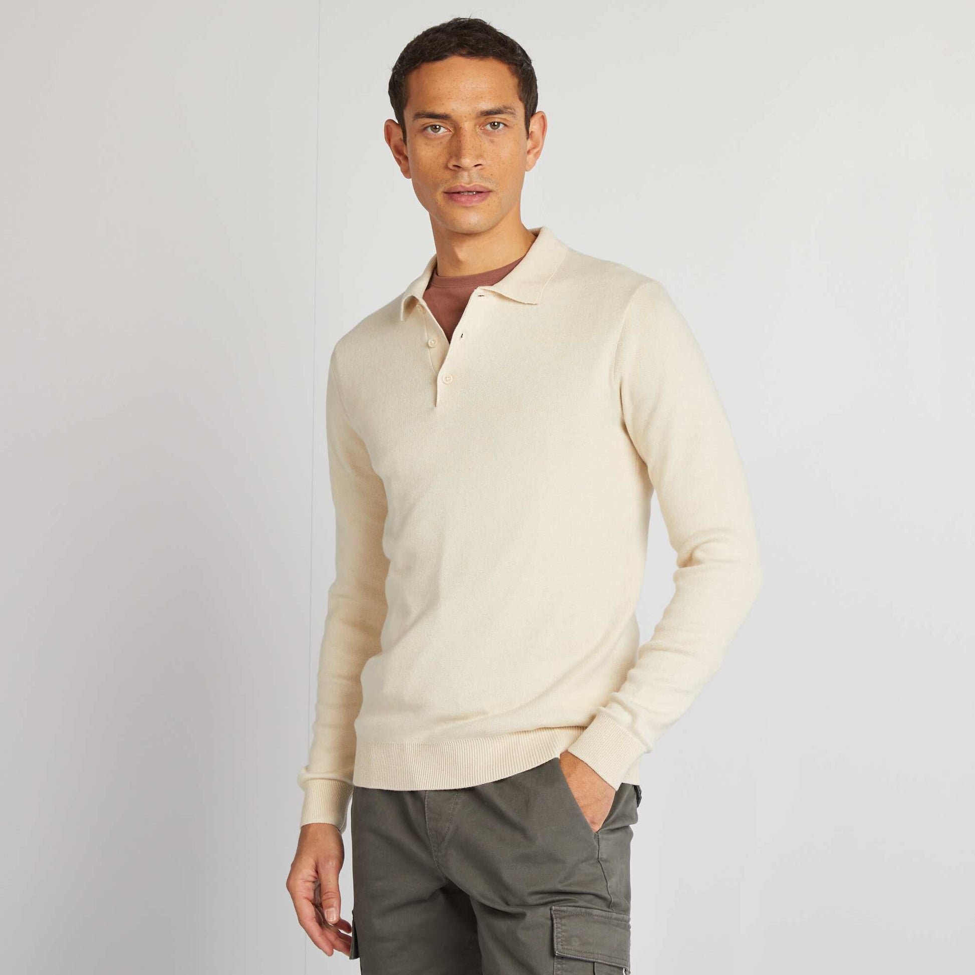 Pull fine jauge col polo boutonné Blanc