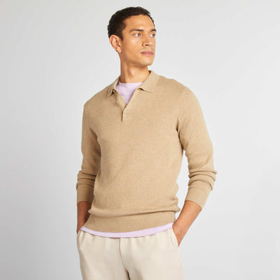 Pull fine jauge col polo boutonné BEIGE