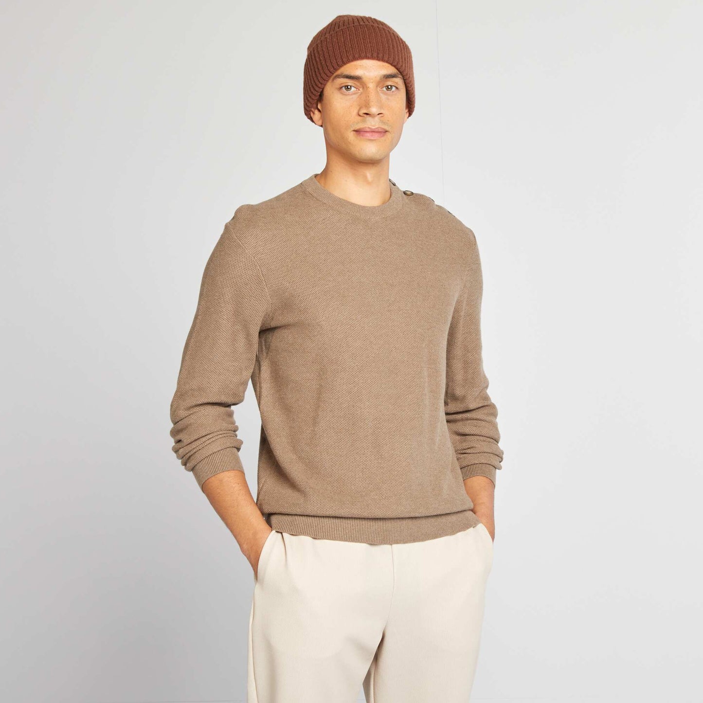 Pull en maille fine jauge type nid d'abeilles BEIGE