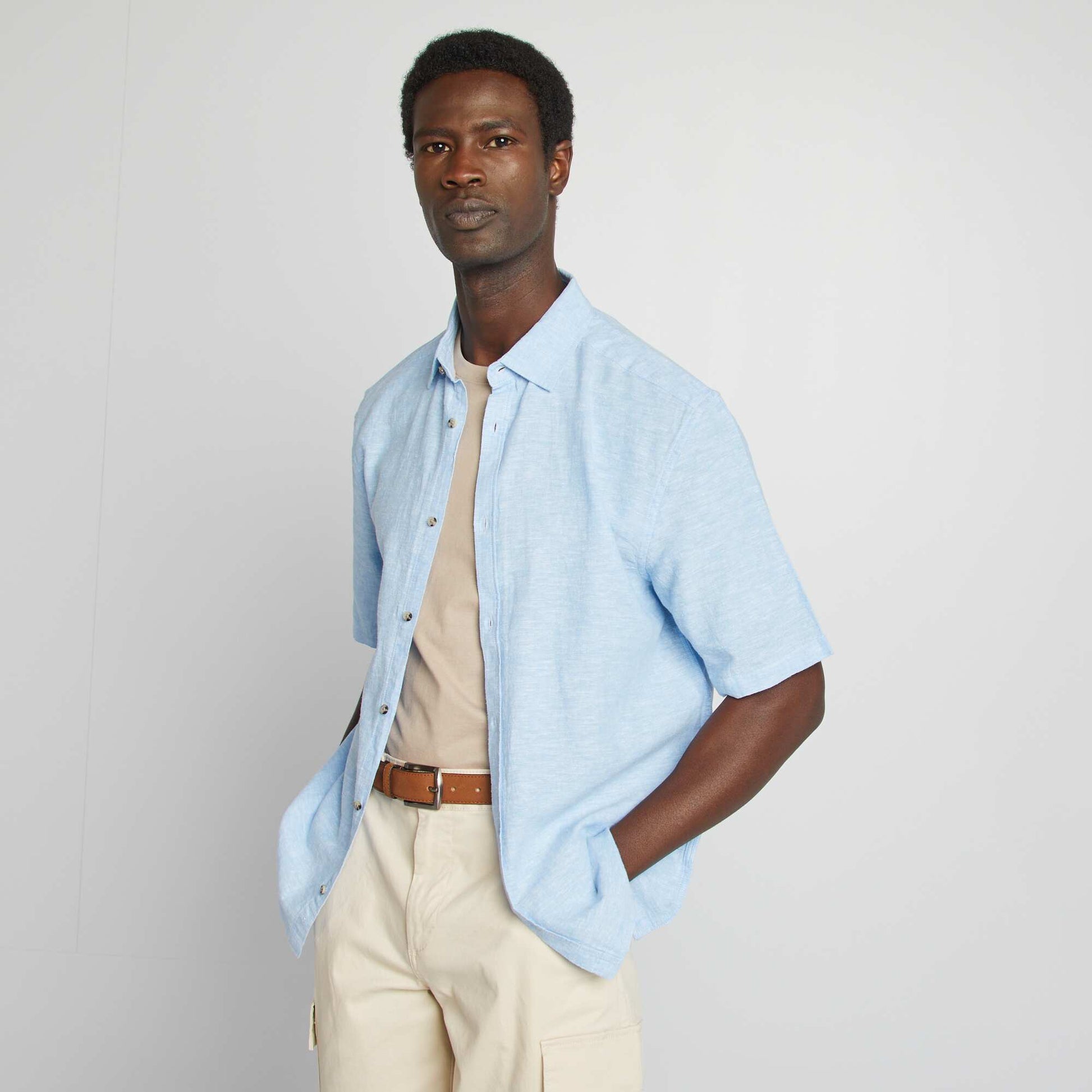 Chemise regular en lin mélangé BLEU CIEL