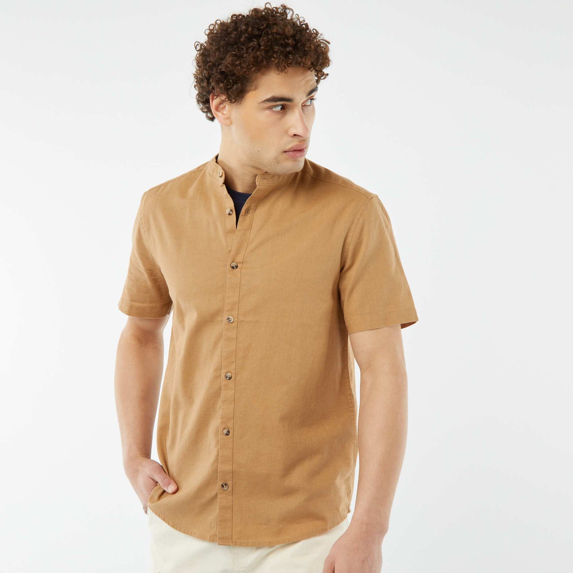 Chemise unie manches courtes col mao BEIGE