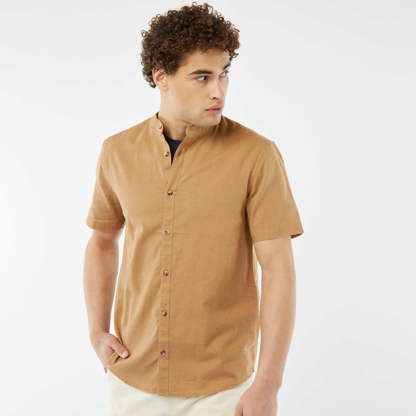 Chemise unie manches courtes col mao BEIGE
