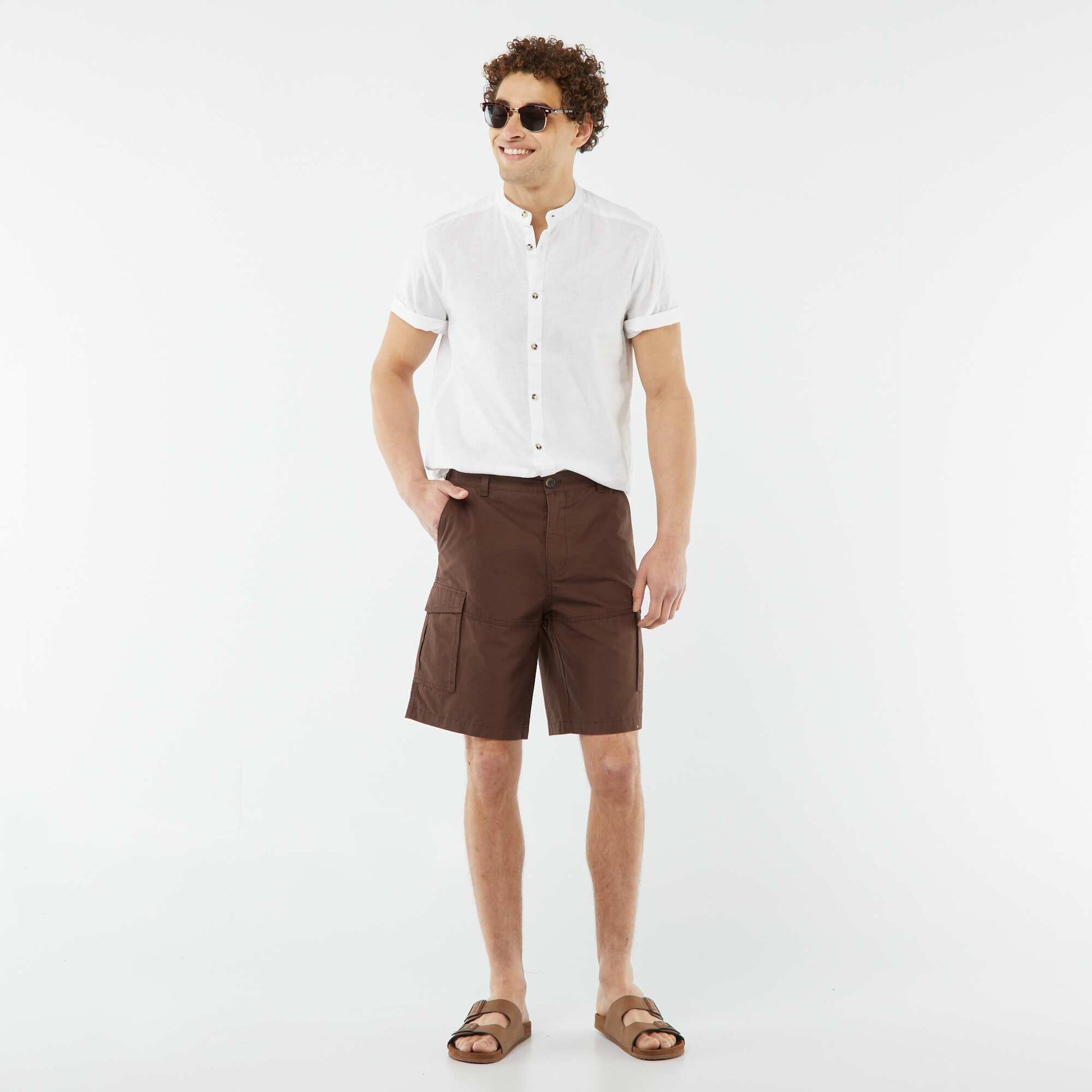 Chemise unie mùanches courtes col mao BLANC