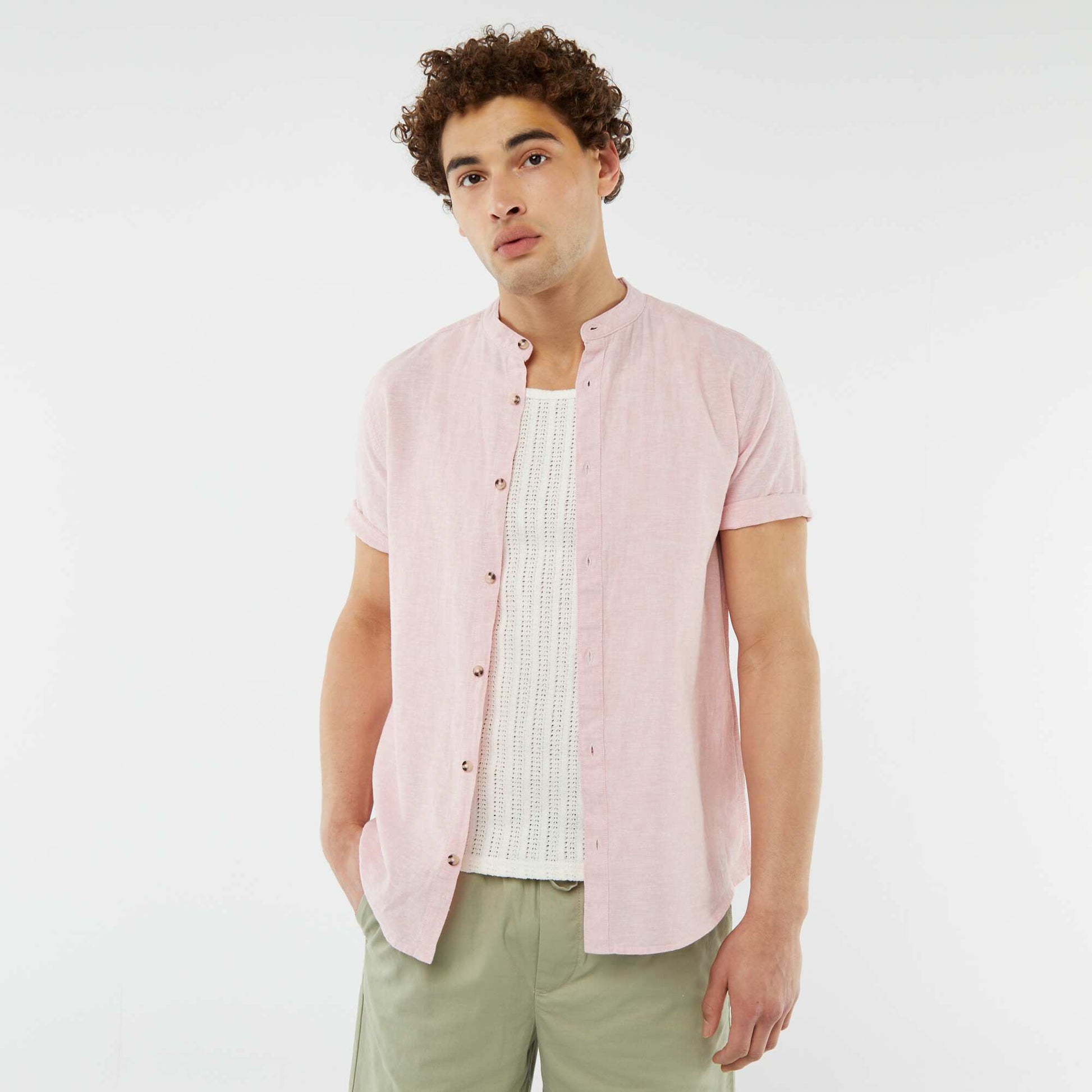 Chemise unie manches courtes col mao ROSE CLAIR