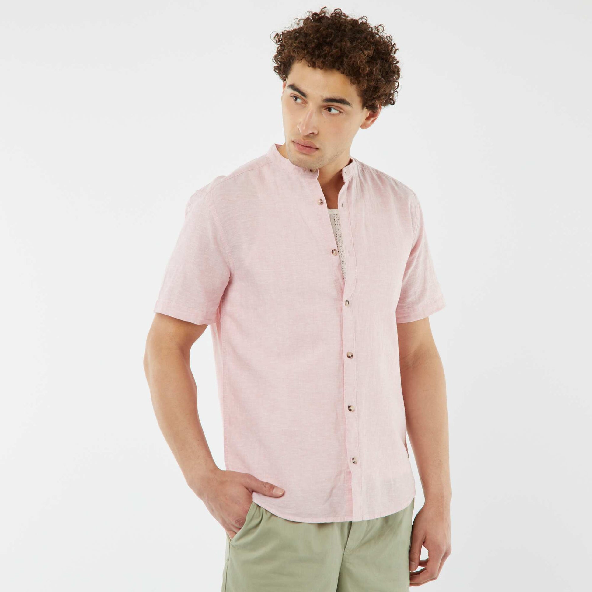 Chemise unie manches courtes col mao ROSE CLAIR