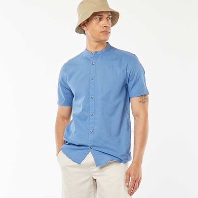 Chemise unie manches courtes col mao BLEU