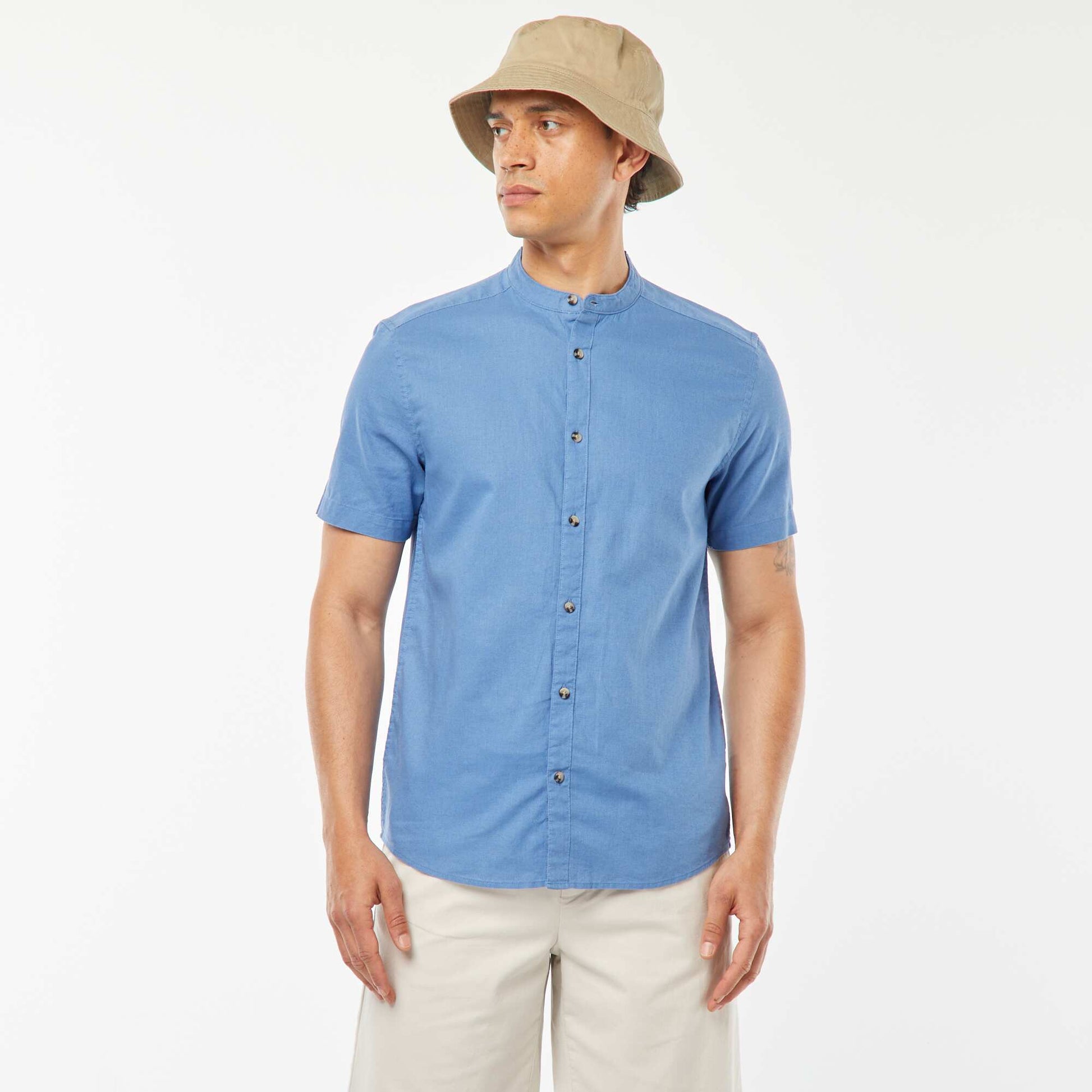 Chemise unie manches courtes col mao BLEU