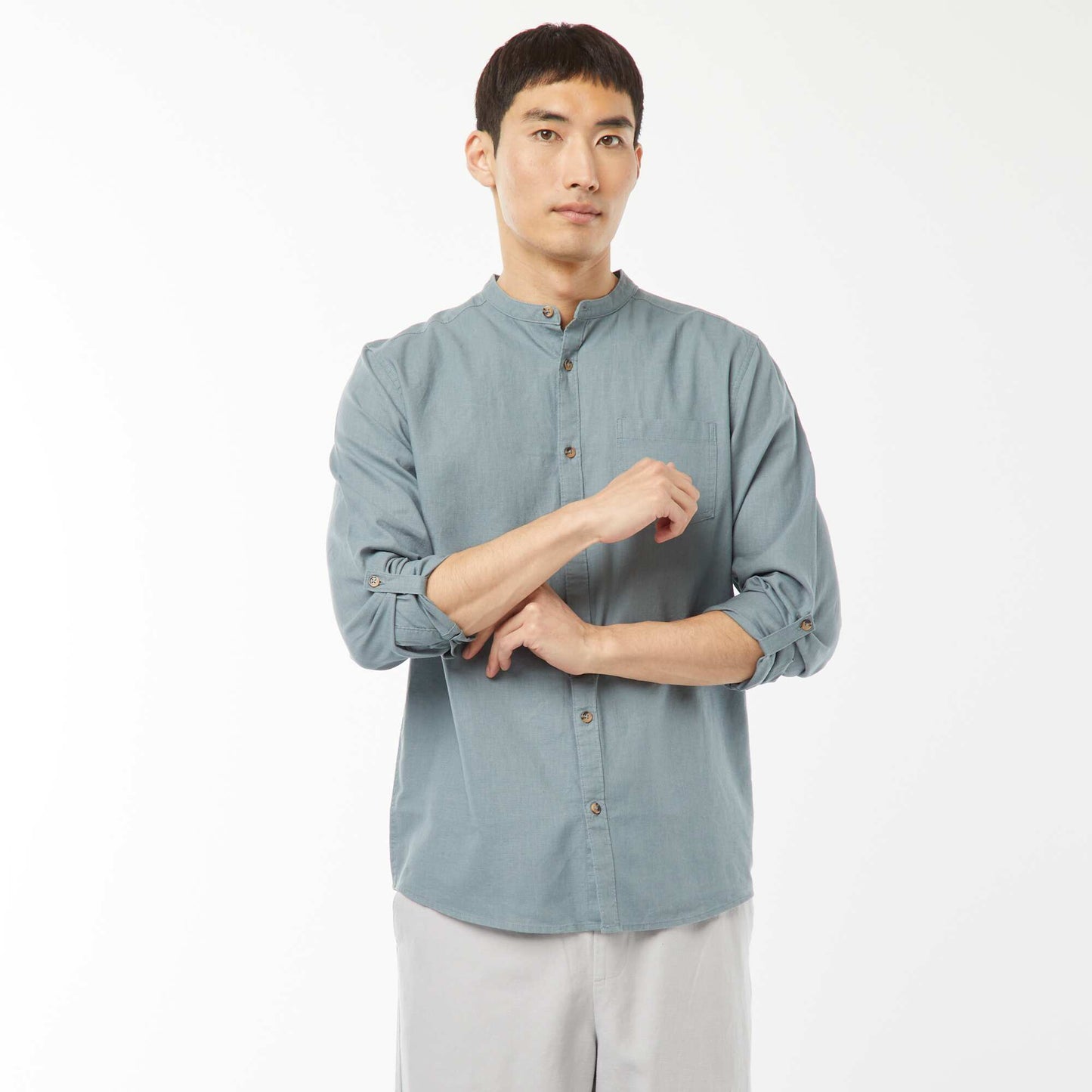 Chemise col mao avec lin BLEU