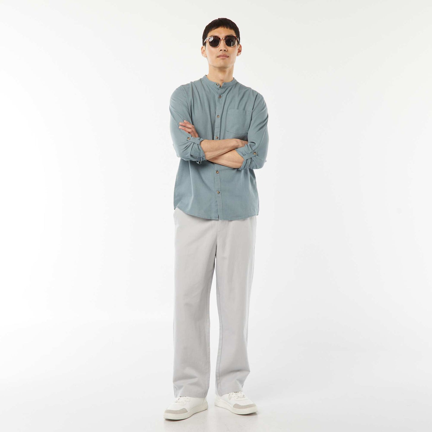 Chemise col mao avec lin BLEU