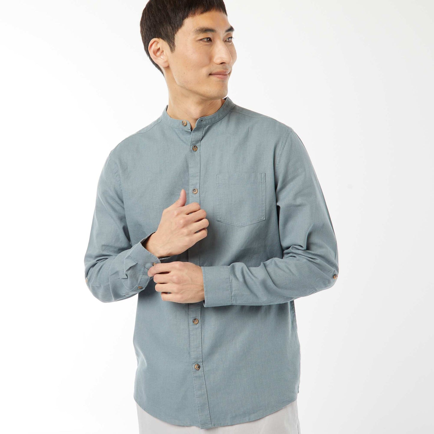 Chemise col mao avec lin BLEU