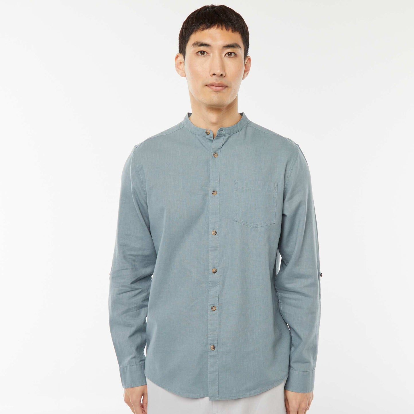 Chemise col mao avec lin BLEU